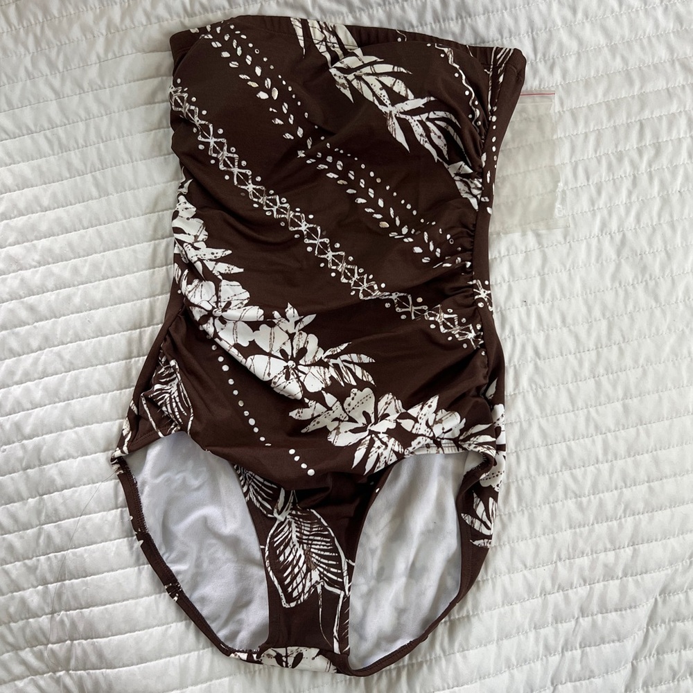 Jantzen Brown Floral White Strapless One Piece Bathing Suit size 8 swimwear